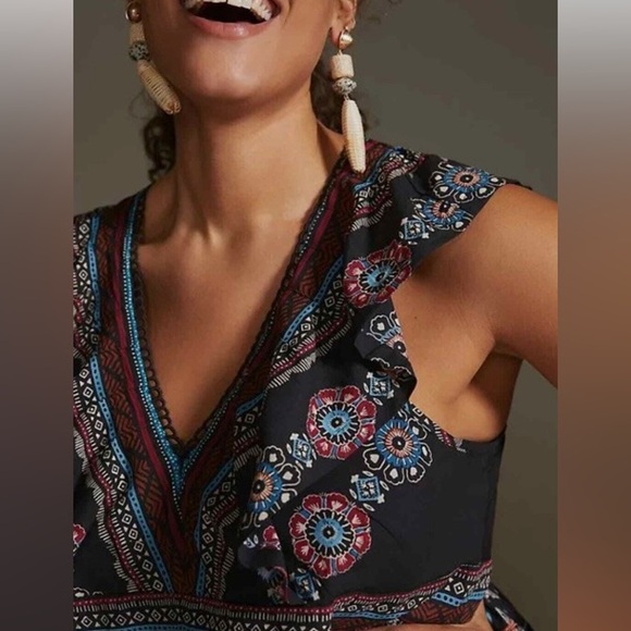 Anthropologie V-Neck Plunge Tunic Mini Dress Black Motif Animal Print size small - Picture 4 of 6